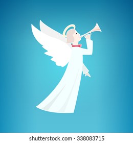 White Christmas Angel on a Blue Background,  Merry Christmas and Happy New Year,Vector Illustration
