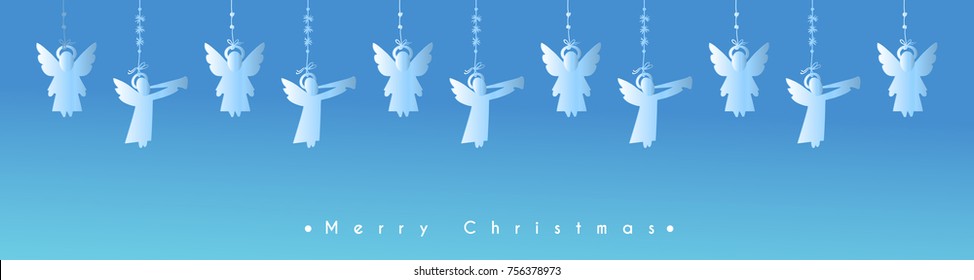 white christmas angel ornament pattern hanging on blue background for decorative design, vector for card, banner or background
