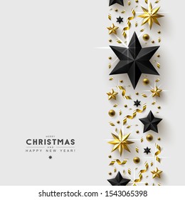 White Christmas Background with Border made of Gold and Black Stars,  Beads and Confetti. Chic Christmas Greeting Card.