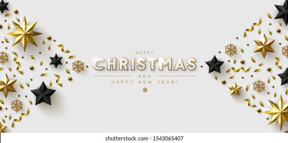 White Christmas Background with Border made of Gold and Black Stars,  Beads and Confetti. Chic Christmas Greeting Card.