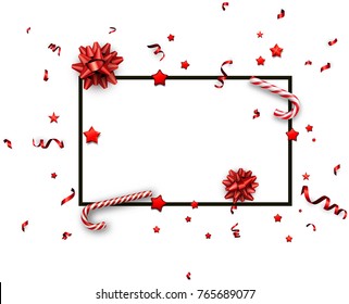 White Christmas background with bows, candy and red serpentine. Vector paper illustration.