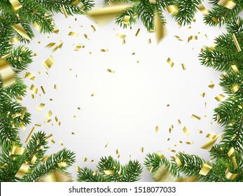 White Christmas background with copy space. Border frame made of fir branches and golden pieces of falling foil. Empty center space and top view. New Year holiday. Blank center for text or design.