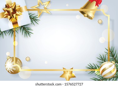 White Christmas background decorated with gift, ball, star, pine leaf and Bell for festival and celebration poster.copyspace.