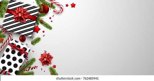 White Christmas background with fir branches, gifts and candy. Vector top view illustration.