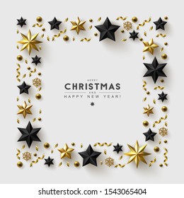 White Christmas Background with Frame made of Gold and Black Stars,  Beads and Confetti. Chic Christmas Greeting Card.