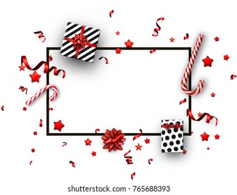 White Christmas background with gifts, candy and red serpentine. Vector top view illustration.