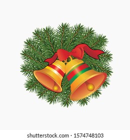 White Christmas background with pine leaves and bells