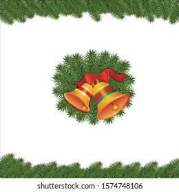 White Christmas background with pine leaves and bells