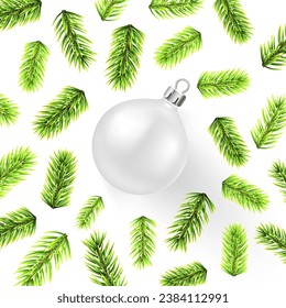 White Christmas ball among bright green fir branches. Winter holiday greeting card with space for text. Vector illustration.