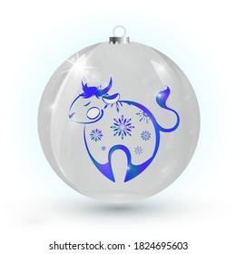 White Christmas ball with blue decorative bull isolated on white background. Vector illustration for your design