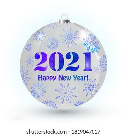 White Christmas ball with blue snowflake pattern and text 2021 Happy New Year. Vector illustration for your design