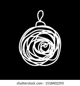 White Christmas ball drawn by messy lines on a black background. Laconic symbol of the New Year. Winter Holidays Sign. Festive decoration Tangled line element – vector stock holiday illustration