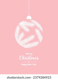 Balón blanco de Navidad con un patrón de ramas de abetos en un fondo rosado. Feliz tarjeta de felicitación de Navidad. Ilustración del vector