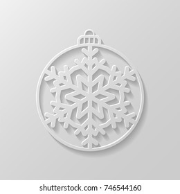 White Christmas ball with a snowflake cut out of paper. Decorative design element, holiday decoration for Christmas and New Year cards. Vector illustration