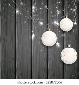 White Christmas balls and decorative stars on black wooden background, illustration.