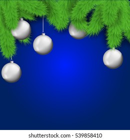 White Christmas balls with fir tree branches on the blue background. Stock vector.