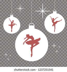 White christmas balls with red ballerinas silhouettes. Beautiful decorative elements for banners, website, cards and other design priject. Vector EPS10