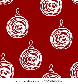 White christmas balls seamless pattern on red background. New Year hand drawn vector illustration with Christmas decorations for wallpapers, backgrounds, posters, wrapping paper,textile. Tangled lines
