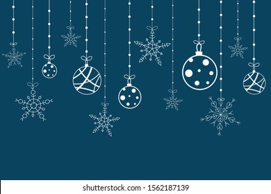 White Christmas balls and snowflakes with blue background