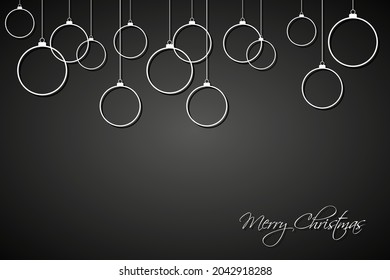 Bolas de navidad blancas con cuerdas sobre fondo negro. Tarjeta de saludo de feriado con alegre carteles de navidad. Ilustración del vector del año nuevo feliz