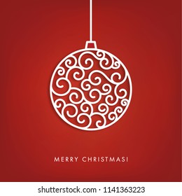 White Christmas balls with swirl pattern on red background. Bright elegant  card in traditional colors.