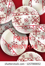 White Christmas balls Vector with red ornament decoration banner. Realistic ornamented Christmas baubles. colorful New Year decors paint style