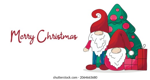 White Christmas banner in handdrawn style. Two gnomes in Santa Claus hats, Christmas tree, gifts. Cute holiday card, flyer, banner