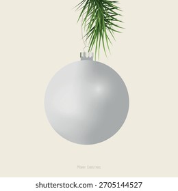 White Christmas Bauble Vector with Pine Branch, for premium holiday designs, branding, greeting cards, and winter-themed layouts.