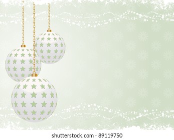 White Christmas baubles with blue stars on a blue snowflake border background