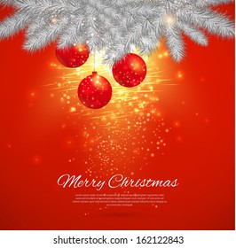 White Christmas brunches with balls and sparkles. Realistic vector illustration.