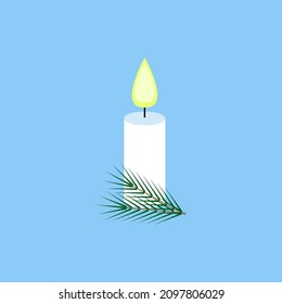 White Christmas candle with fir branch isolated on blue background. Vector illustration on winter decoration