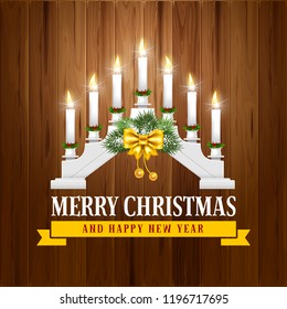 White Christmas candle lights bridge or arch with festive decorations on wooden background. Xmas greeting. Vector illustration.