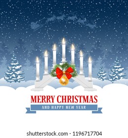 White Christmas candle lights bridge or arch with festive decorations on winter snowy forest background. Xmas greeting. Vector illustration.