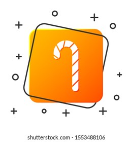 White Christmas candy cane with stripes icon isolated on white background. Merry Christmas and Happy New Year. Orange square button. Vector Illustration