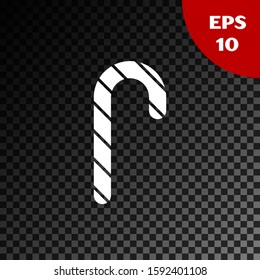 White Christmas candy cane with stripes icon isolated on transparent dark background. Merry Christmas and Happy New Year.  Vector Illustration