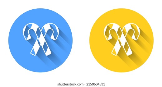 White Christmas candy cane with stripes icon isolated with long shadow background. Merry Christmas and Happy New Year. Circle button. Vector