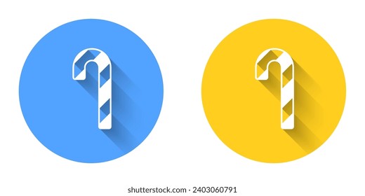 White Christmas candy cane with stripes icon isolated with long shadow background. Merry Christmas and Happy New Year. Circle button. Vector