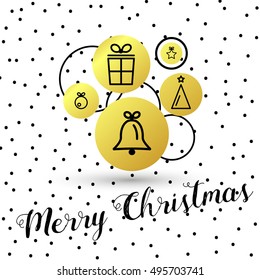 white christmas card with dots and gold rings, greeting concept