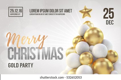 White christmas card or flyer template with golden christmas tree. Vector illustration