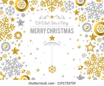 White Christmas card with golden and silver glittering snowflakes and stars, vector illustration. Christmas background.