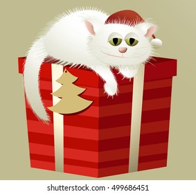 White Christmas cat with big gift