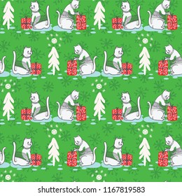 White Christmas Cat in Embroidery Sweater Seamless Vector Pattern, Drawn Present Box Illustration for Winter Fashion Prints, Holidays Stationery, Xmas Tree Decor, Gift Wrap, Cat Lover Background, Yule