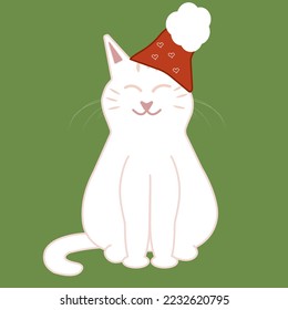 White Christmas cat in a red hat