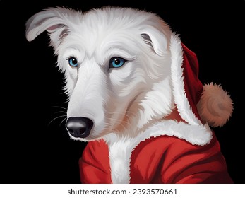 White Christmas Dog Wearing Santa Outfit