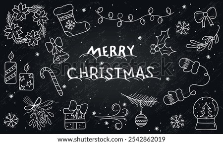 White Christmas Doodles Set on a Blackboard with Grunge Texture, Winter, Vacation, Line Art Concept, Outline, Sketch, Vector Illustration
