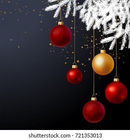 White Christmas festive tree decorated with red and gold balls over black glittered background. Vector illustration