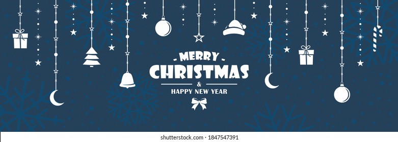 White Christmas figurines hang on a rope. Blue background. Christmas banner in flat style. Vector illustration