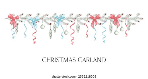 White Christmas fir branch, pink and blue bow, serpentine, silver ball garland. New year decoration.
