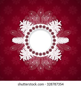White christmas frame with branches of spruce and cones 