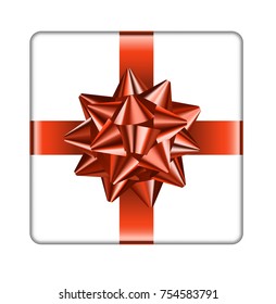 White Christmas gift box with red bow, top view